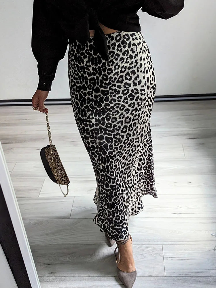 Elegant  High Waist A Line Office Slim Long Leopard Skirt