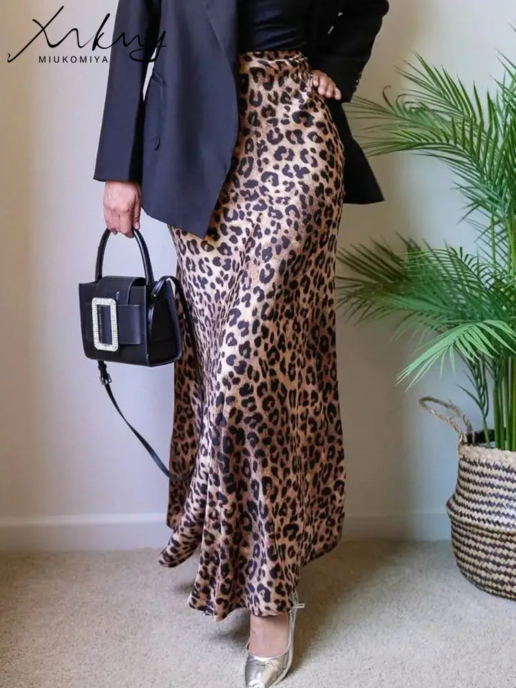 Elegant  High Waist A Line Office Slim Long Leopard Skirt