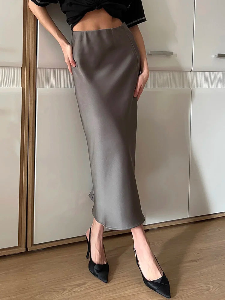 Beige Satin Midi Skirts