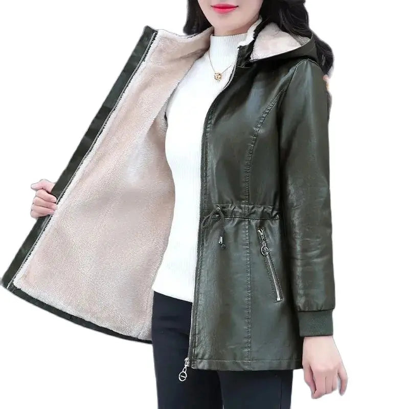 Long Sheep Leather Jacket Plus Velvet Padded Warm Coat