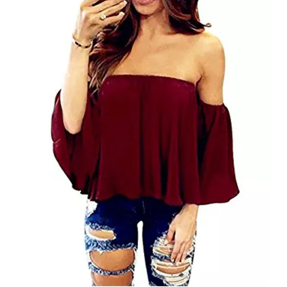 Off Shoulder Blouse Top  Slash Neck Solid