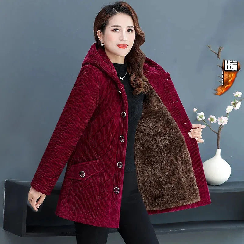 Winter Solid Loose Outwaer Female Casual Middle-aged Thicken Warm Hooded Female Overcoats