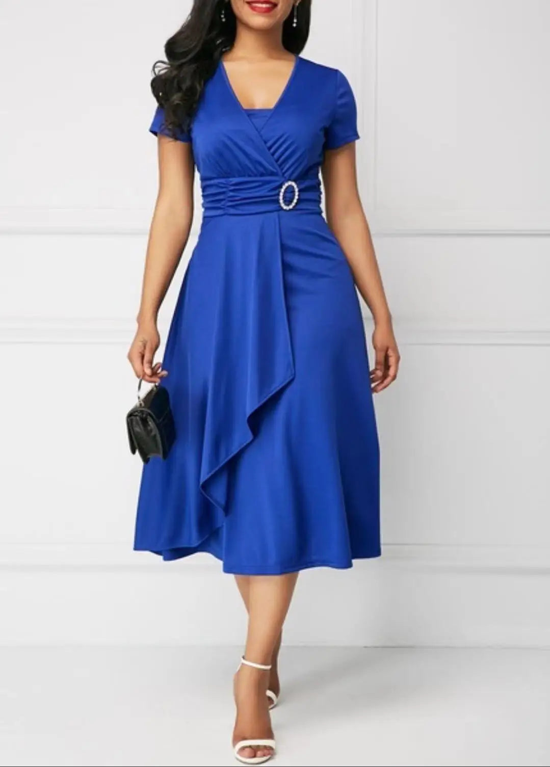 Sleeve V Neck  Waist Tight Midi Party Dress