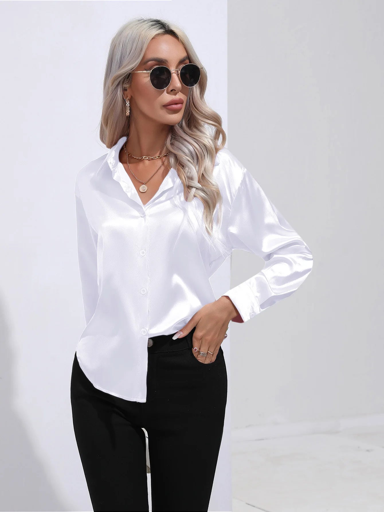 Spring Summer Satin Long Sleeve Office Shirt