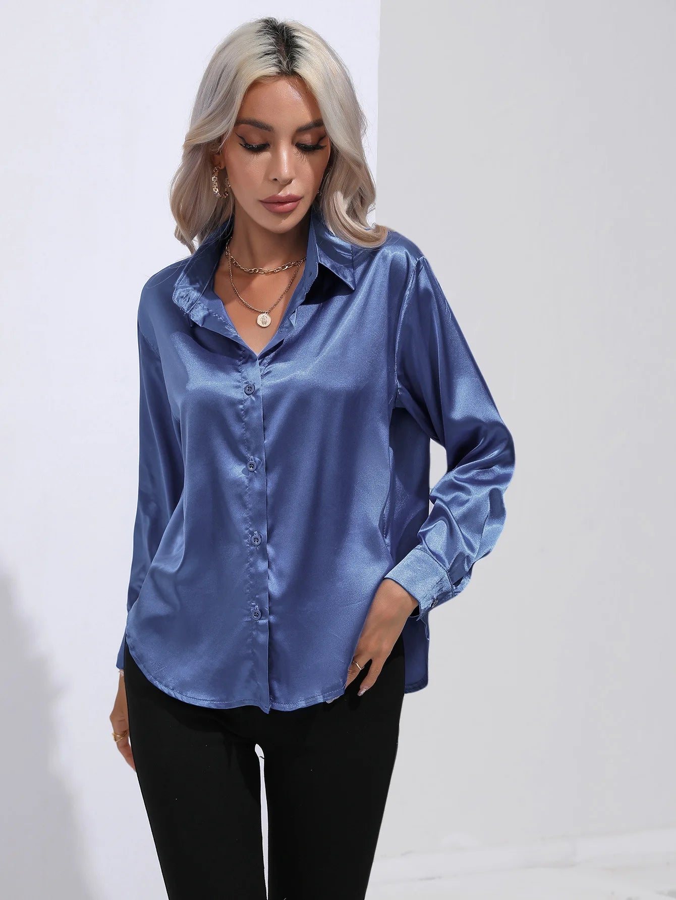 Spring Summer Satin Long Sleeve Office Shirt