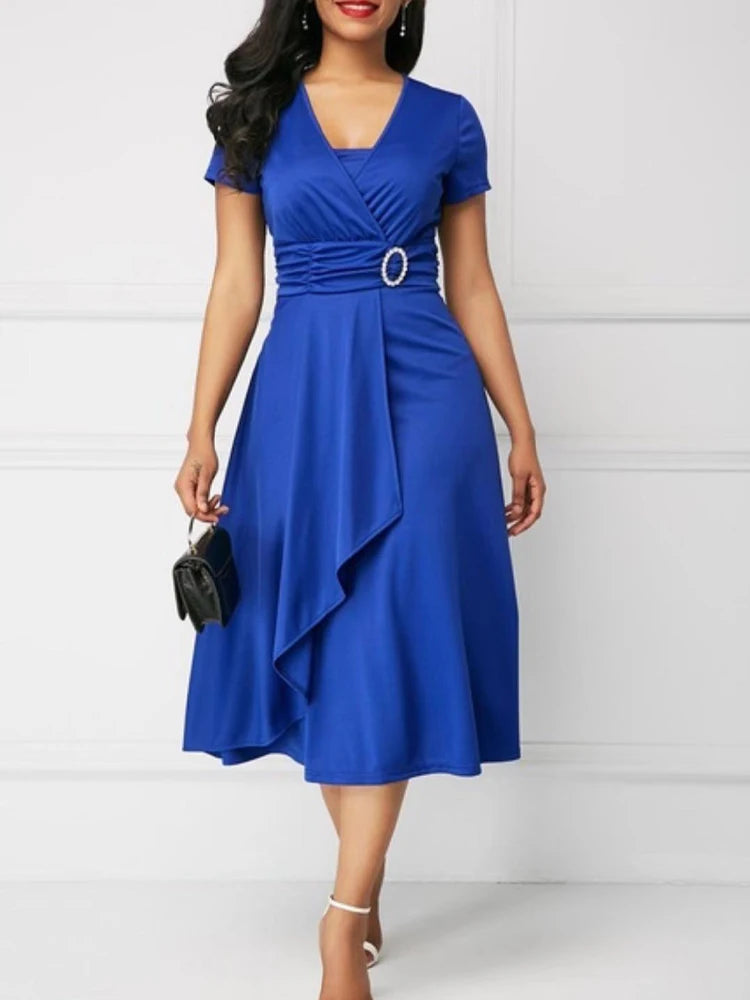 Sleeve V Neck  Waist Tight Midi Party Dress