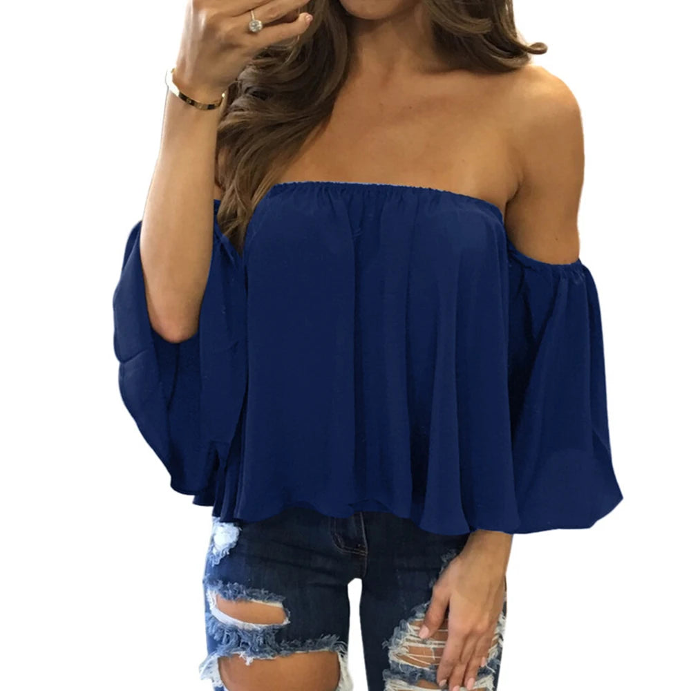 Off Shoulder Blouse Top  Slash Neck Solid