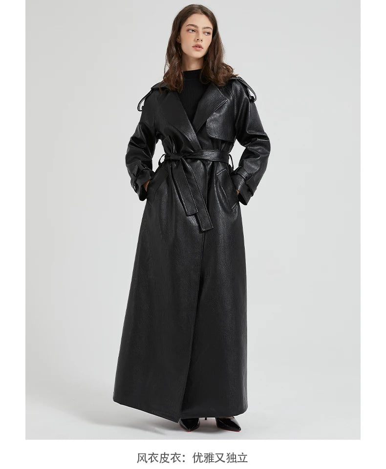 Leather Trench Coat for Women Sashes Luxury Chic Overcoat