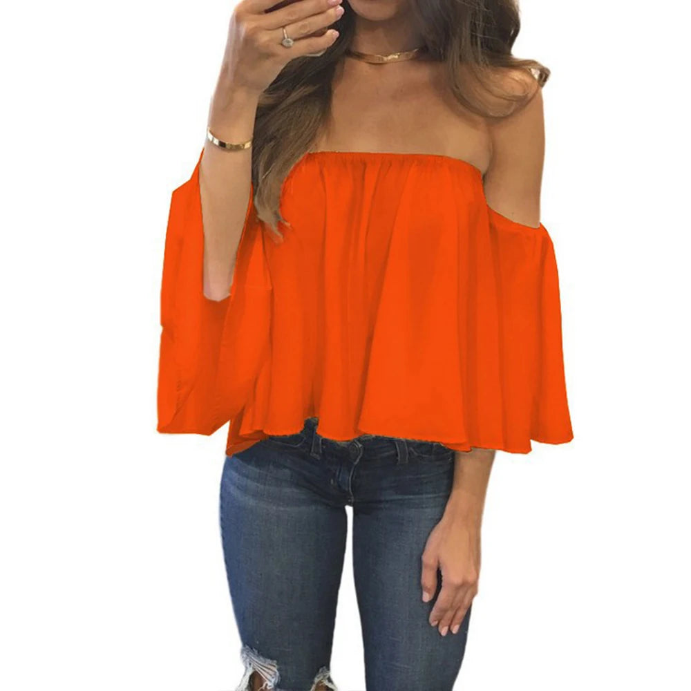 Off Shoulder Blouse Top  Slash Neck Solid