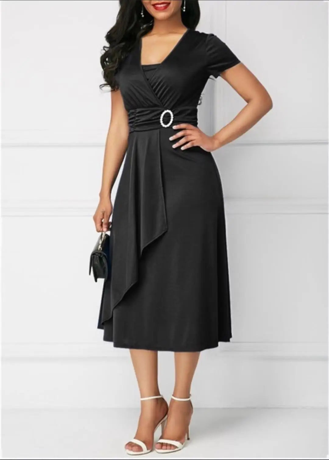 Sleeve V Neck  Waist Tight Midi Party Dress