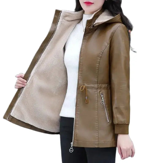 Long Sheep Leather Jacket Plus Velvet Padded Warm Coat