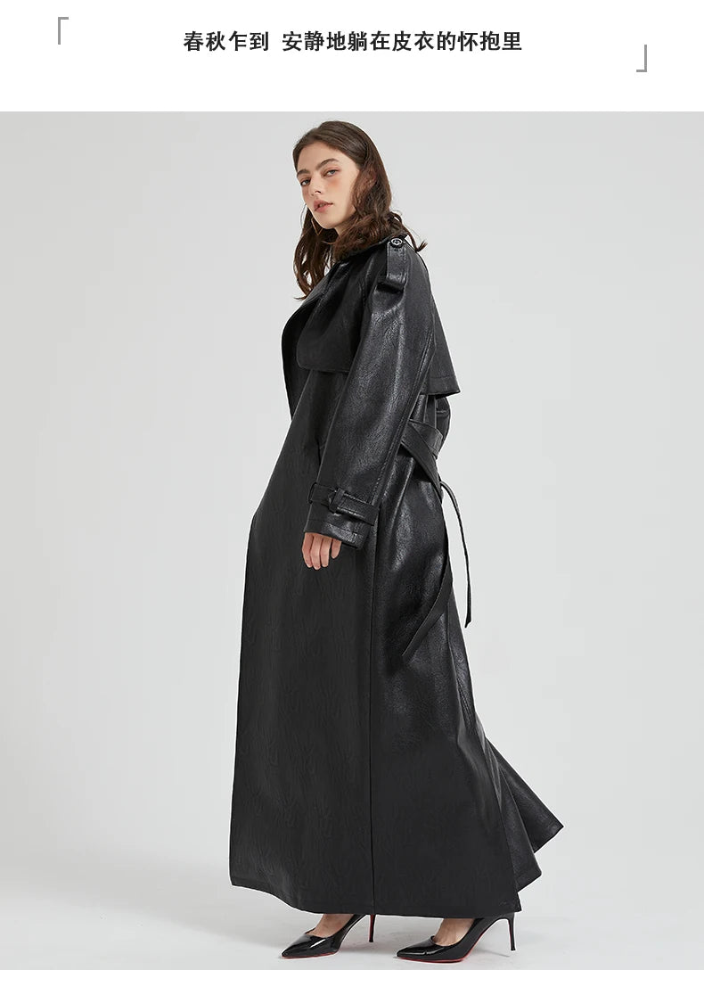 Leather Trench Coat for Women Sashes Luxury Chic Overcoat