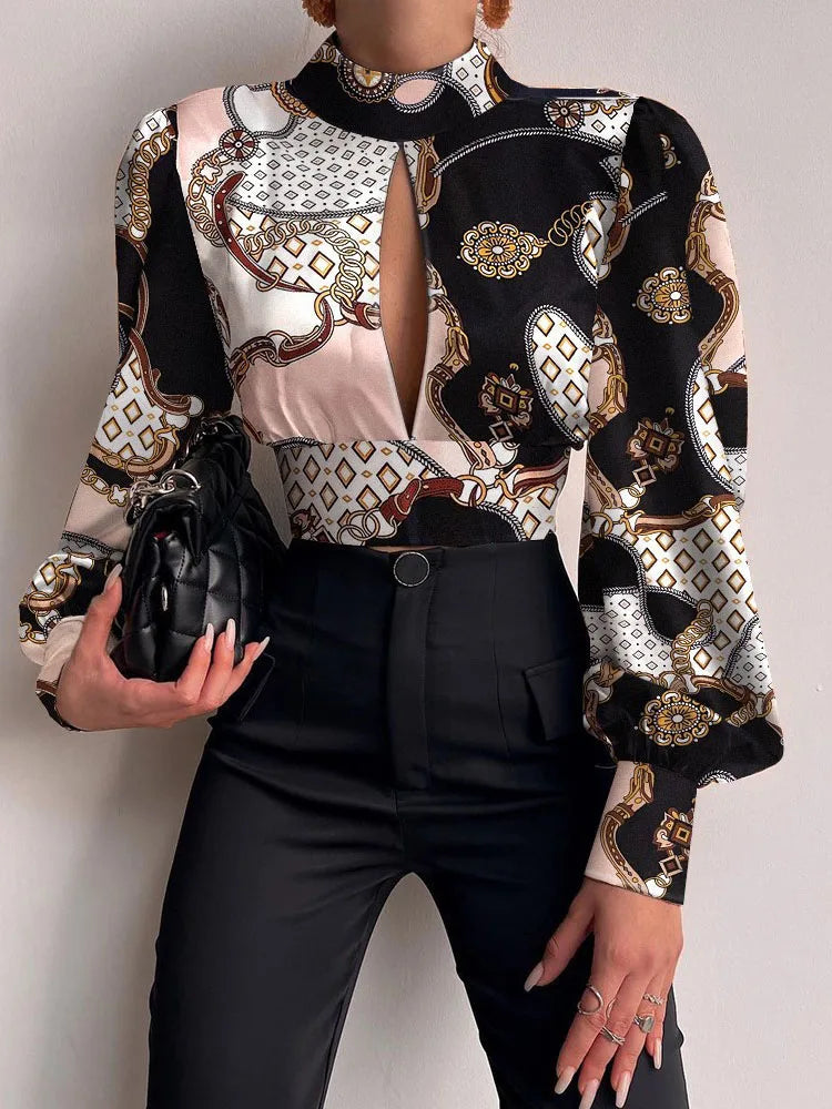 Spring Women Sexy Backless Hollow Print Shirts Tops