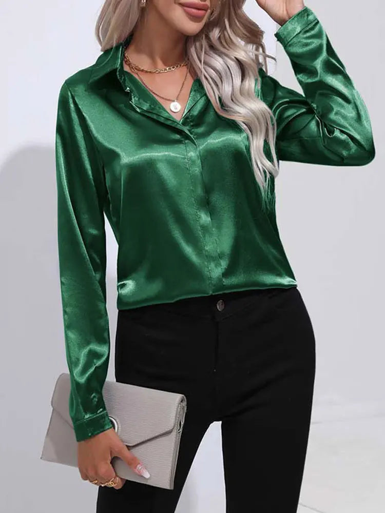 Spring Summer Satin Long Sleeve Office Shirt