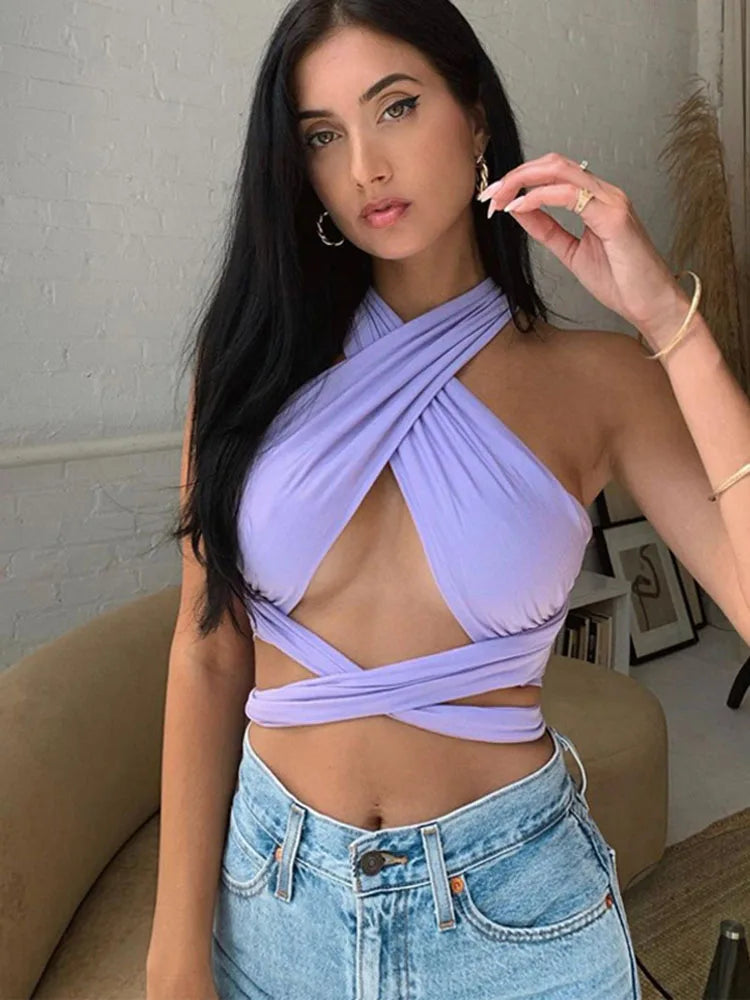 Strappy Cross Over Front Cut Out Halter  Crop Top