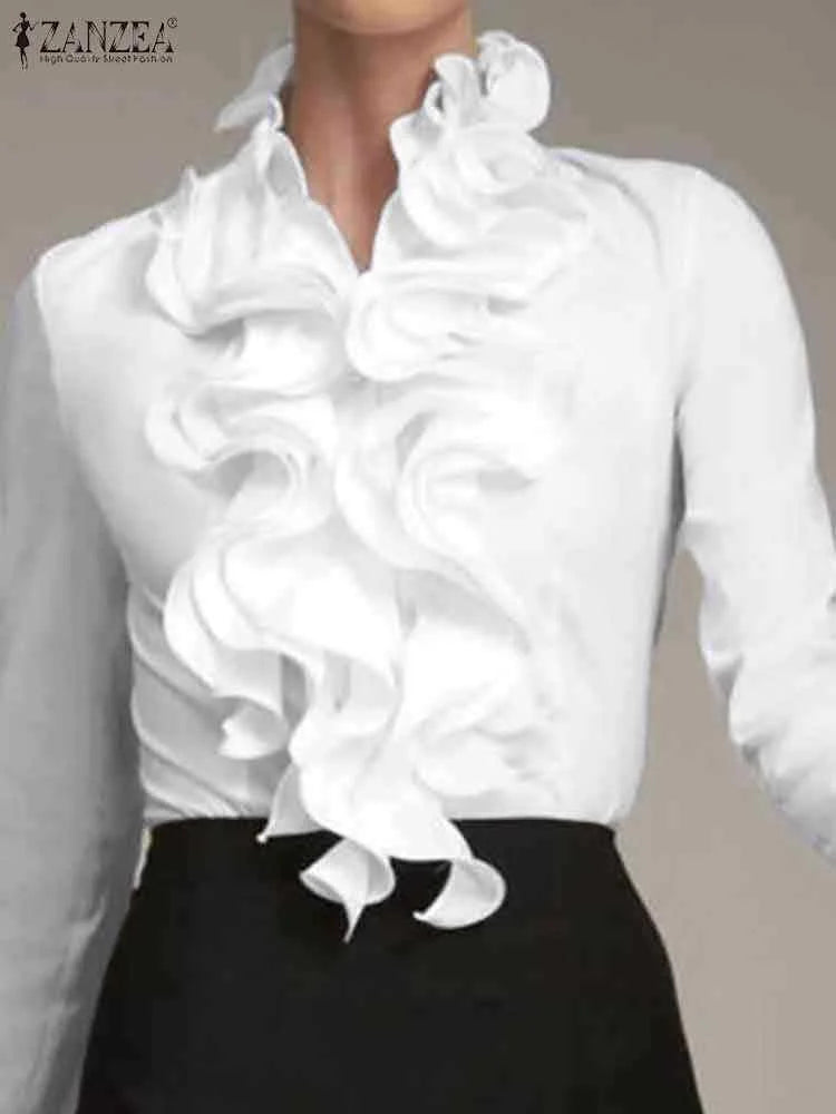 Elegant  White Blouse Ruffles Tops