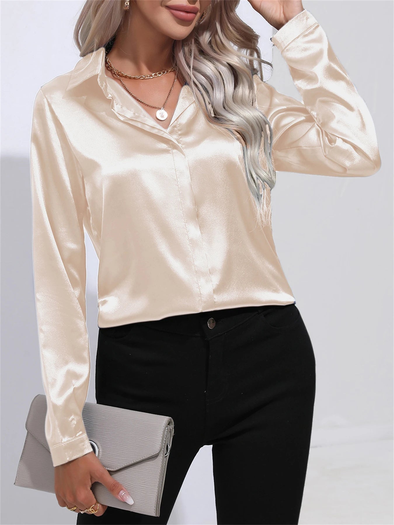 Elegant Turn-Down Collar One Button Satin Long Sleeve Shirt