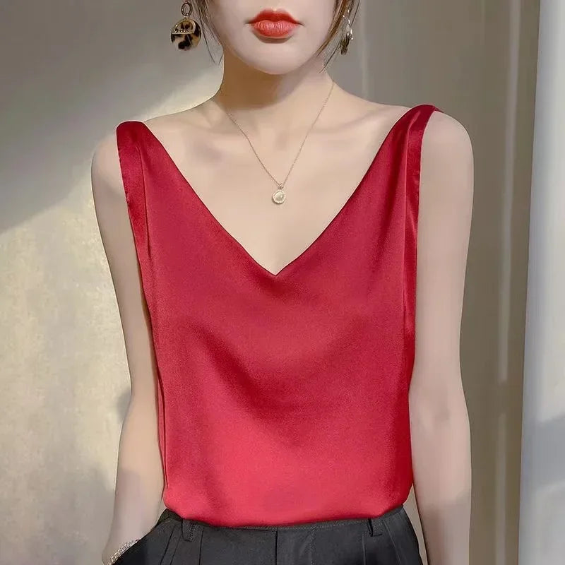 Elegant SILK Satin Blouse Sleeveless Female Summer Woman T-shirts