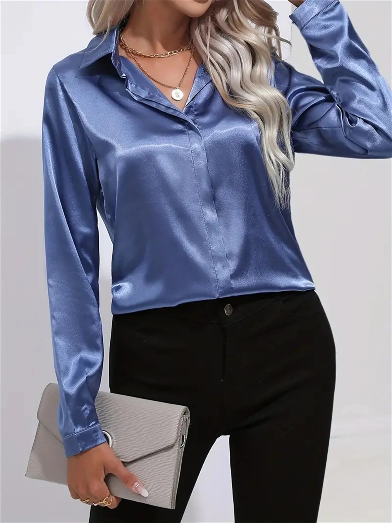 Elegant Turn-Down Collar One Button Satin Long Sleeve Shirt