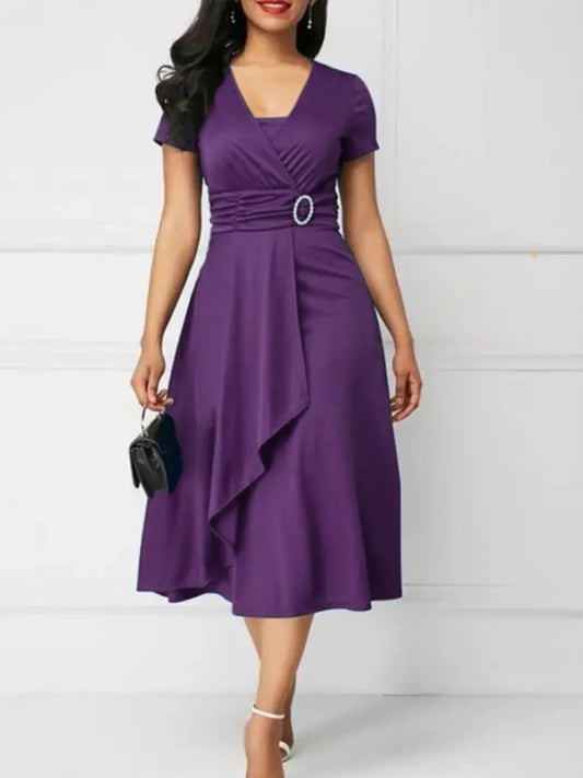 Sleeve V Neck  Waist Tight Midi Party Dress