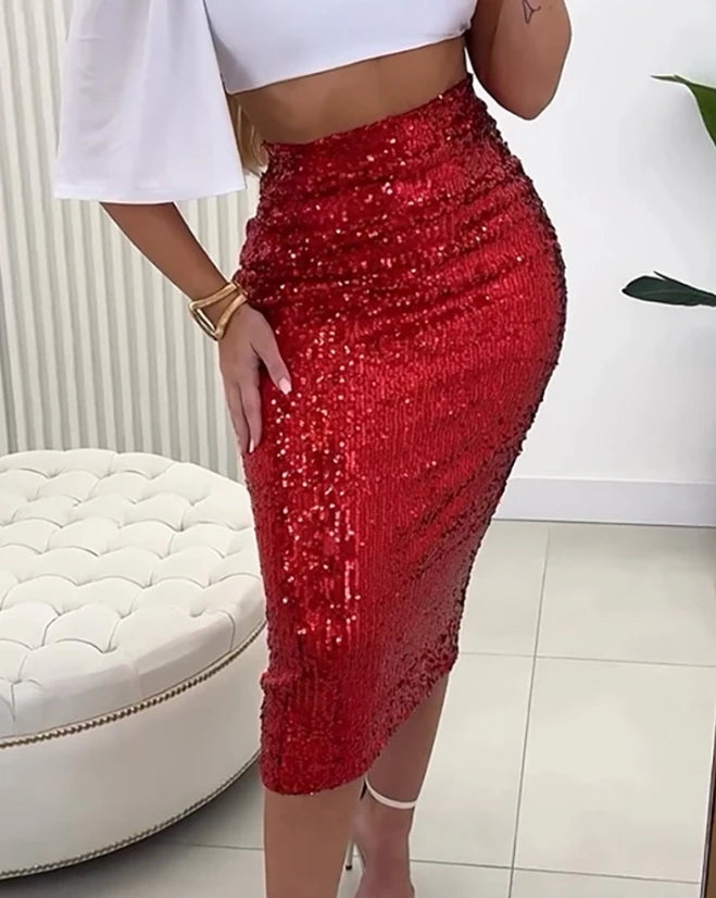 Allover Sequin Slit Skinny Midi Skirt