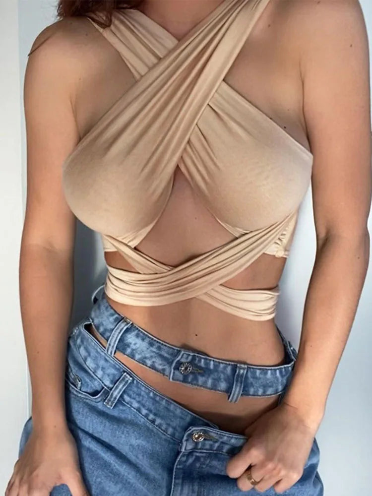 Strappy Cross Over Front Cut Out Halter  Crop Top