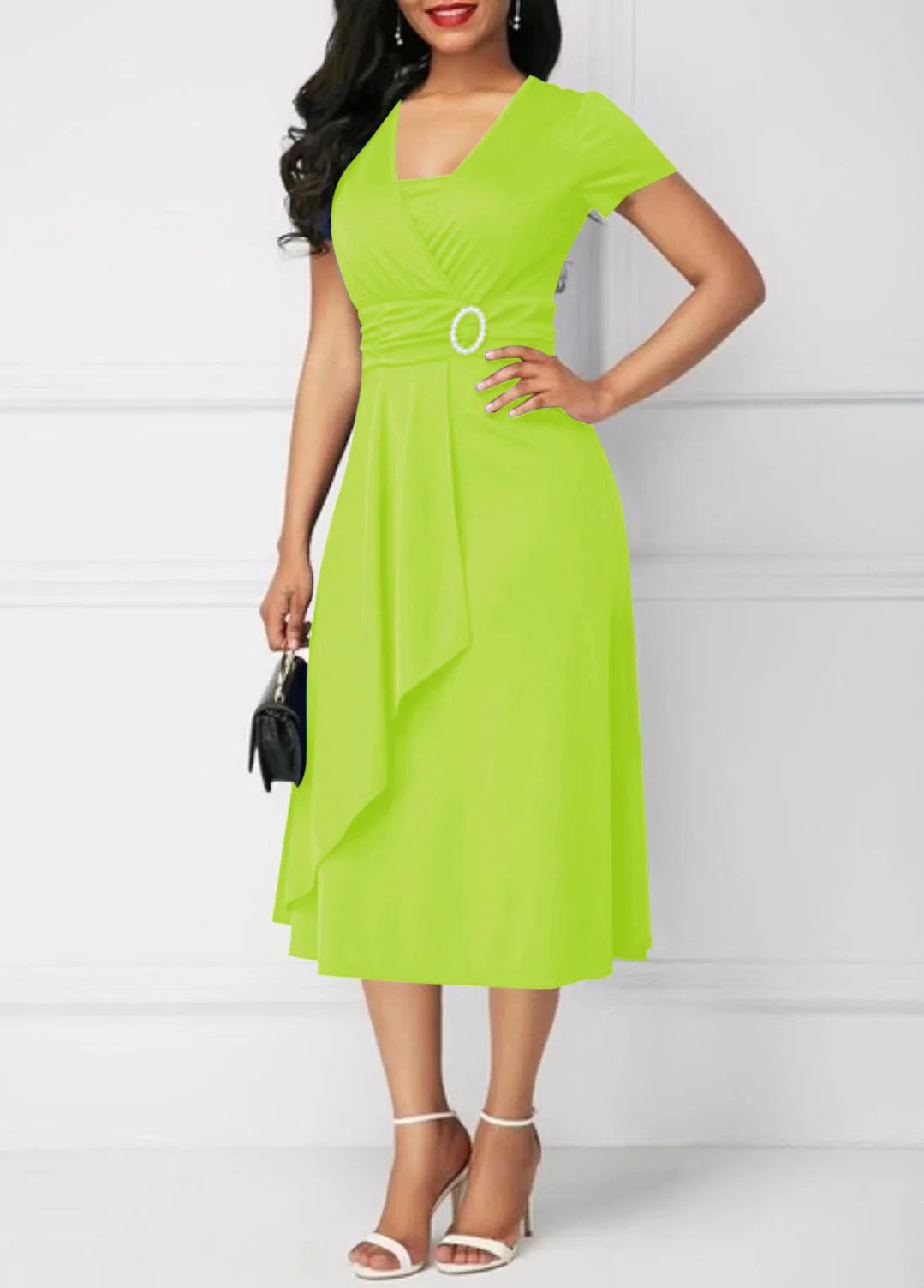 Sleeve V Neck  Waist Tight Midi Party Dress