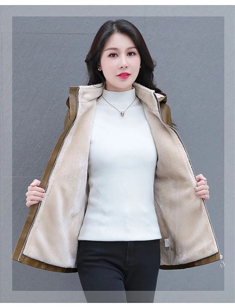 Long Sheep Leather Jacket Plus Velvet Padded Warm Coat