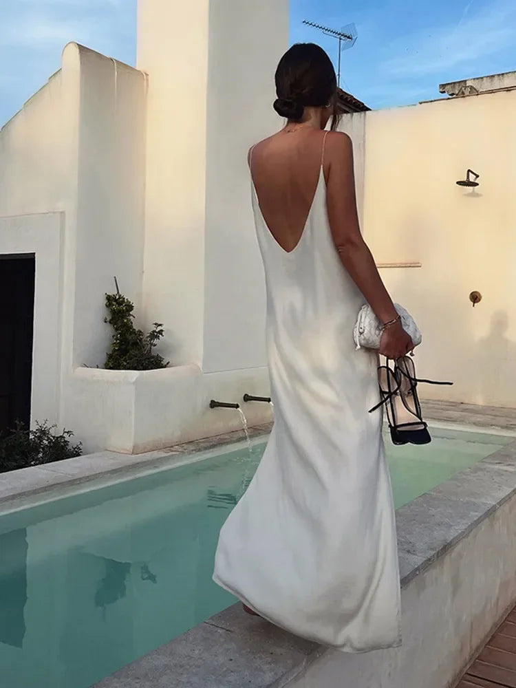 Backless  Solid Satin Sing Maxi Dress