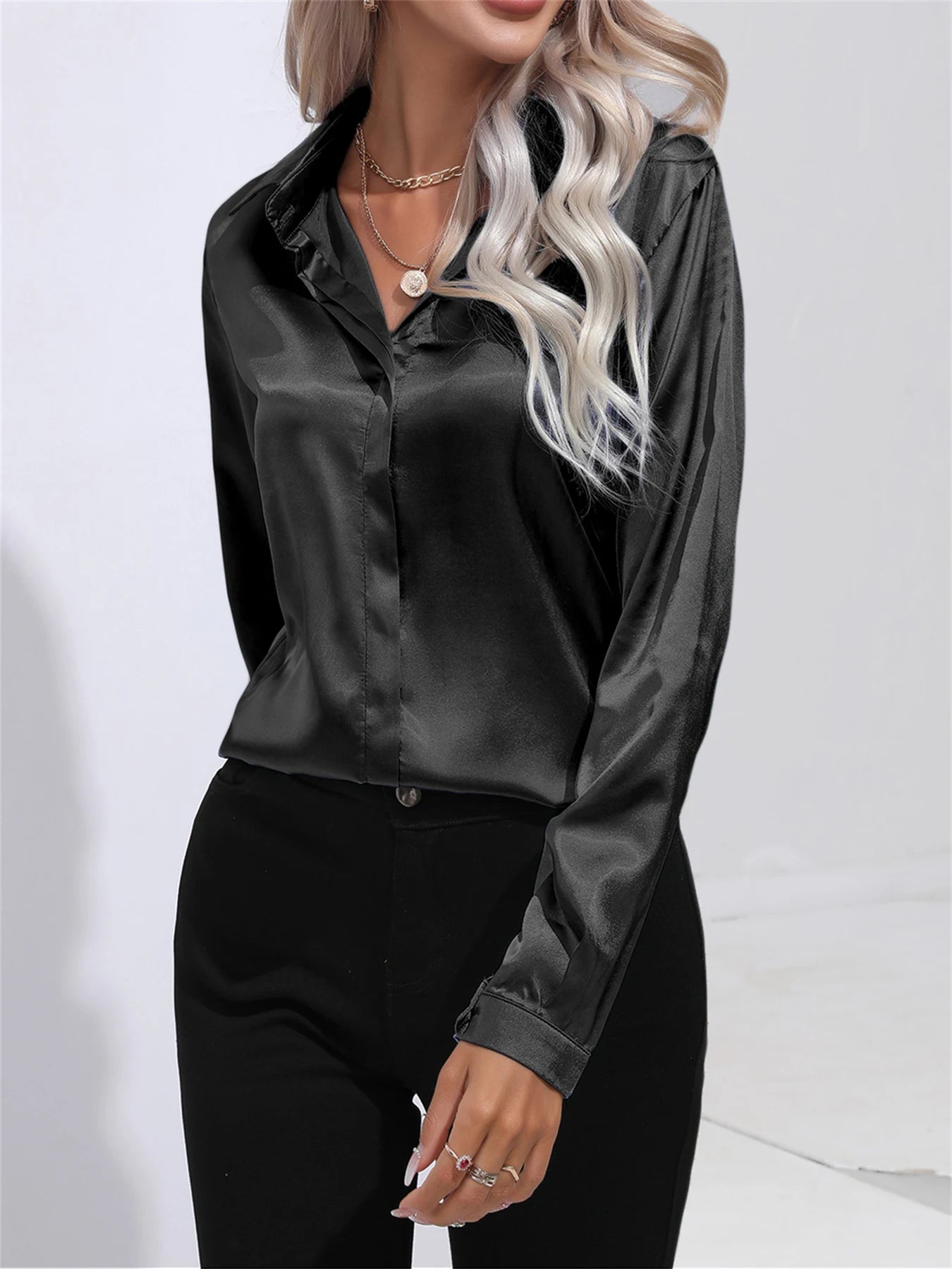 Elegant Turn-Down Collar One Button Satin Long Sleeve Shirt