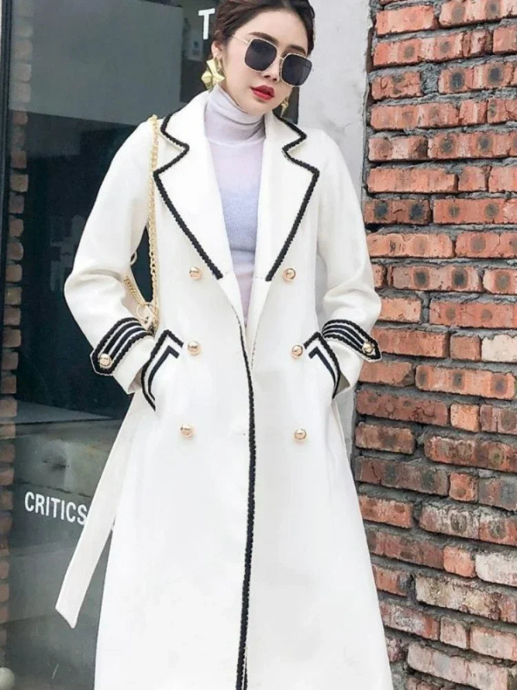 Elegant Winter Thick Warm V-Neck Belt Long Overcoat Office Lady High Quality Outwear