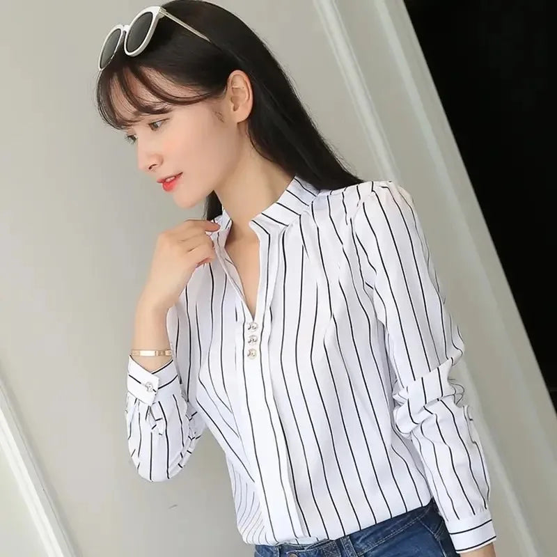 White Tops Blouses Fashion Stripe