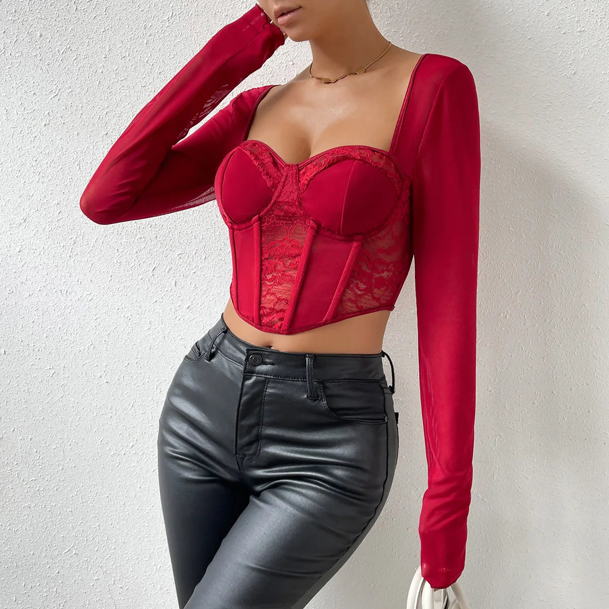 Sexy V Neck Long Sleeve Mesh Crop Top