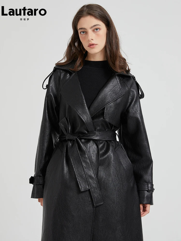 Leather Trench Coat for Women Sashes Luxury Chic Overcoat