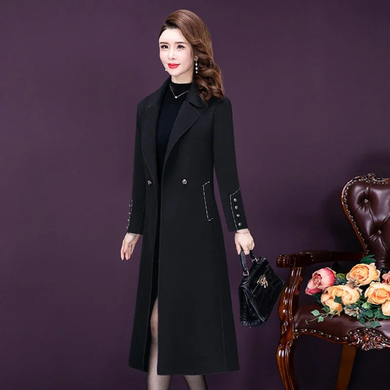 Autumn Winter New Women Fashion Coat Warm Pure Color Long Jacket with Pocket Ladies Outwear Slim Clothing for Womens