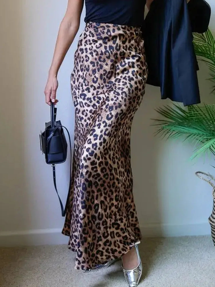 Elegant  High Waist A Line Office Slim Long Leopard Skirt