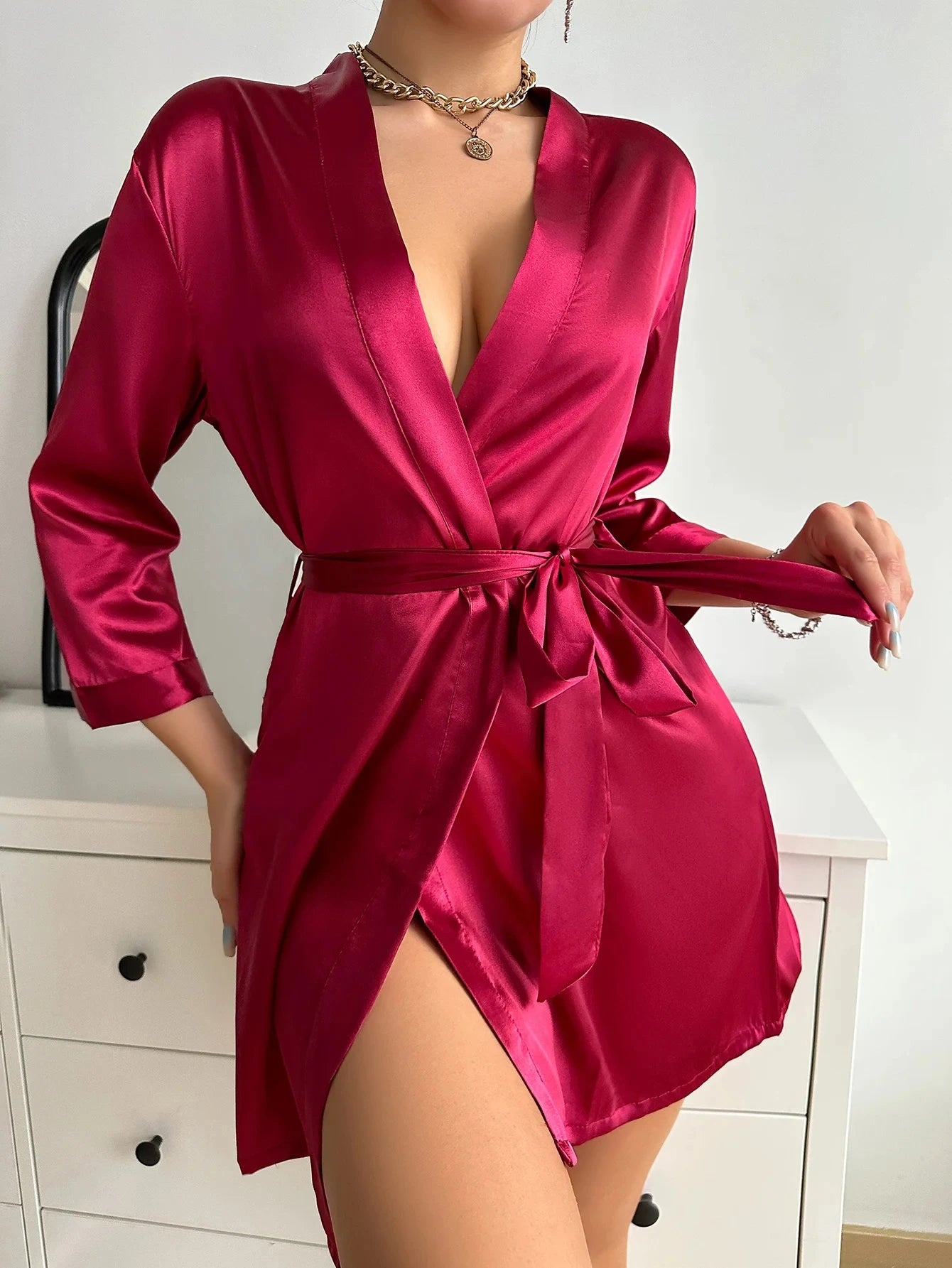 Night Robe Long Sleeve V Neck Robe With Belt