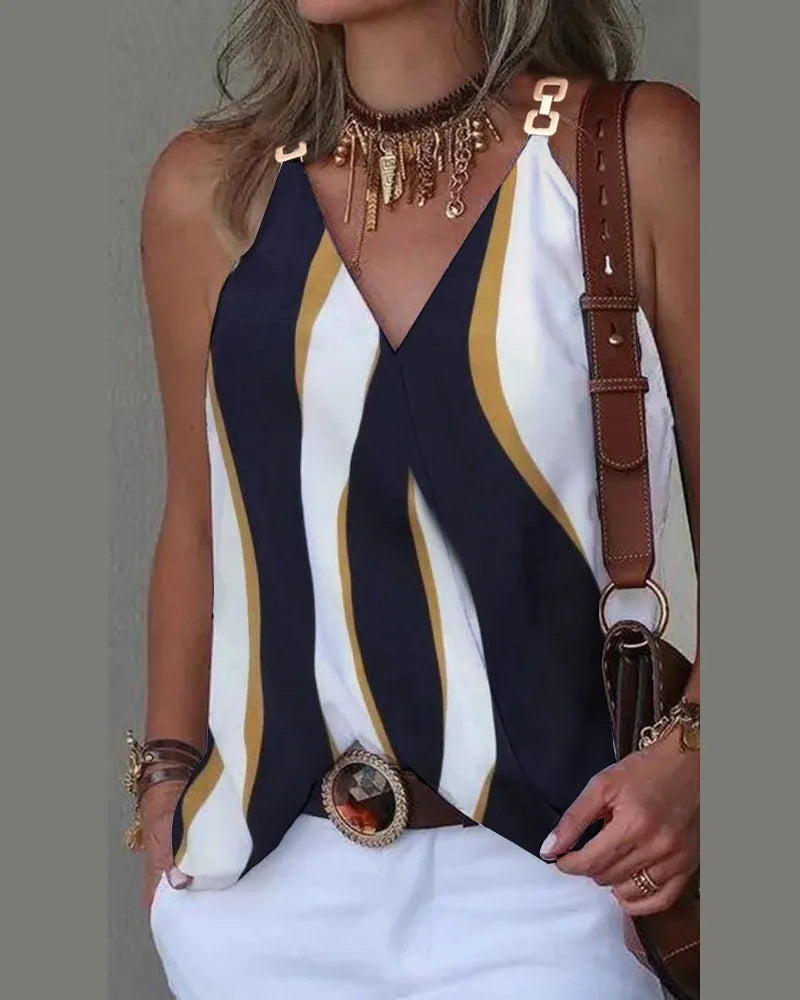 Elegant V-Neck Sleeveless Chain WhiteTops