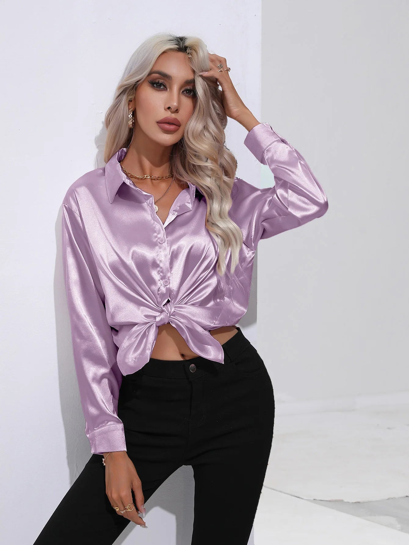 Spring Summer Satin Long Sleeve Office Shirt