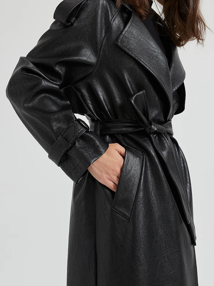 Leather Trench Coat for Women Sashes Luxury Chic Overcoat